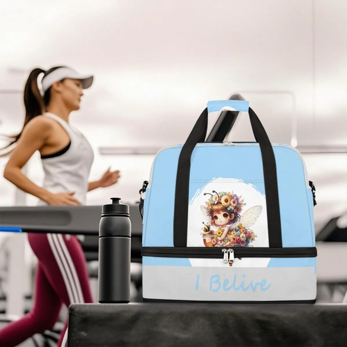 Sports Gym Bag Blue Bee Fairy Large Travel Duffel Bag With Shoe Compartment Foldable Waterproof Carry-On Weekend Travel Bags for Camping Overnight Yoga Hospital Travel Bags