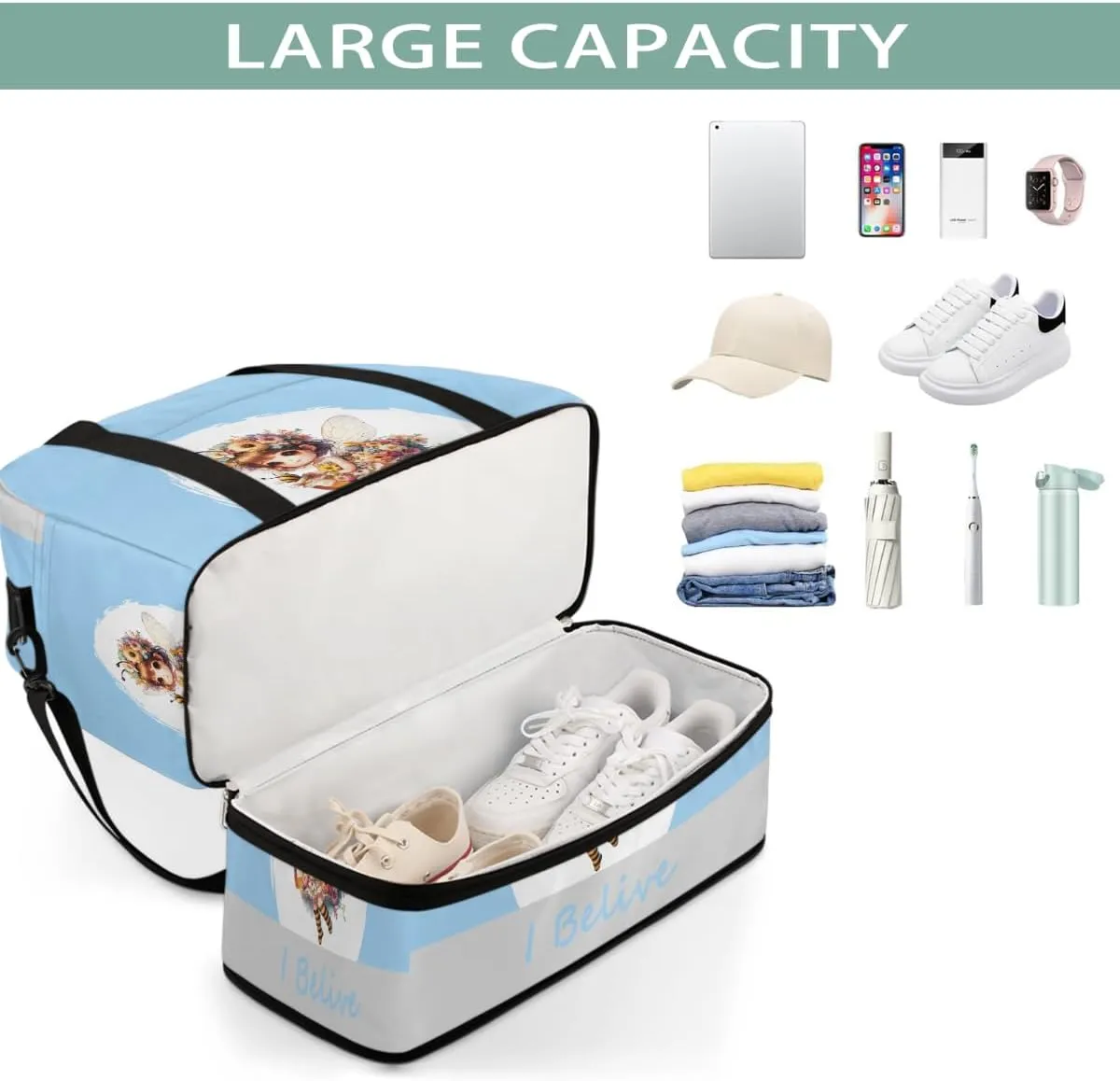 Sports Gym Bag Blue Bee Fairy Large Travel Duffel Bag With Shoe Compartment Foldable Waterproof Carry-On Weekend Travel Bags for Camping Overnight Yoga Hospital Travel Bags