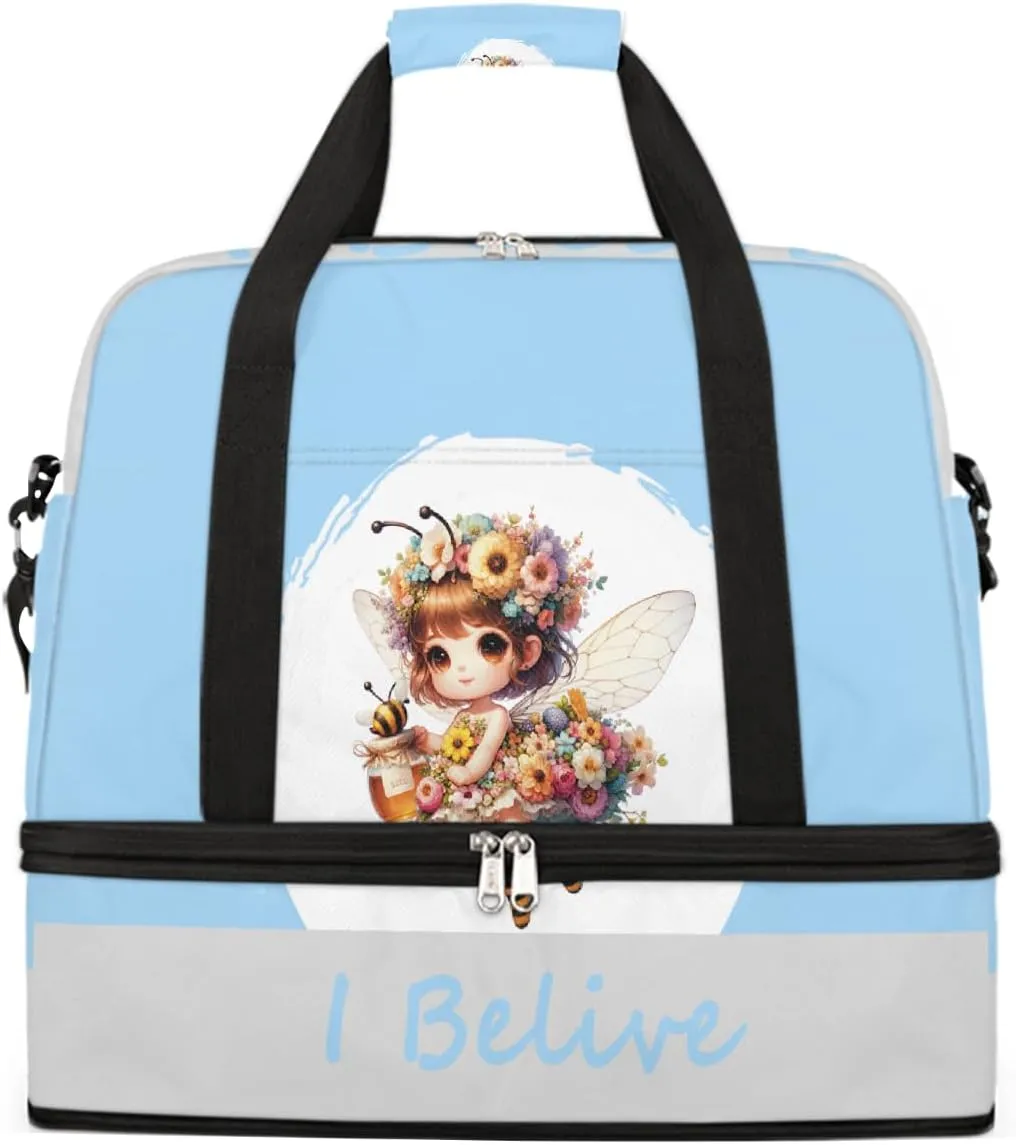 Sports Gym Bag Blue Bee Fairy Large Travel Duffel Bag With Shoe Compartment Foldable Waterproof Carry-On Weekend Travel Bags for Camping Overnight Yoga Hospital Travel Bags