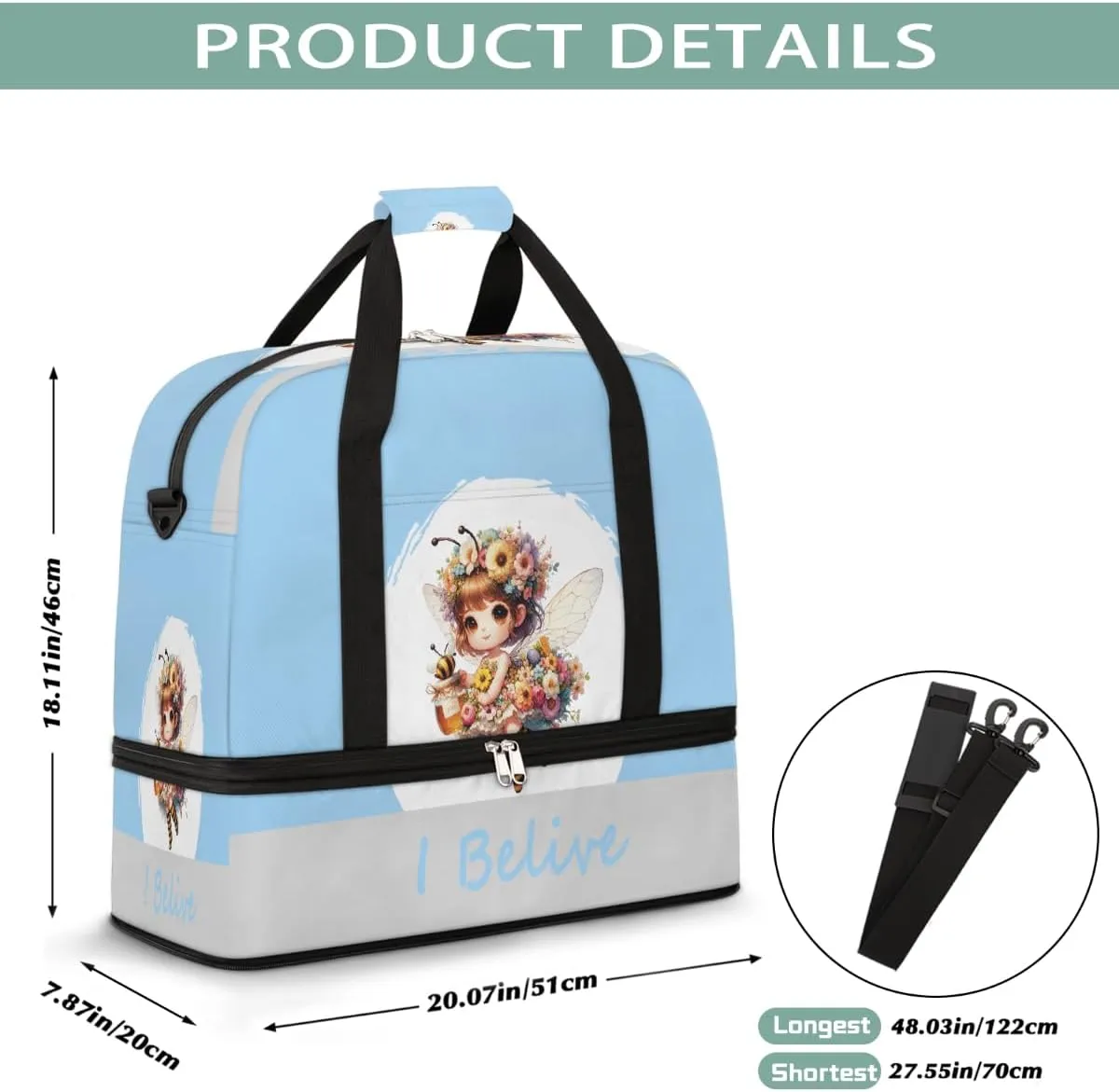 Sports Gym Bag Blue Bee Fairy Large Travel Duffel Bag With Shoe Compartment Foldable Waterproof Carry-On Weekend Travel Bags for Camping Overnight Yoga Hospital Travel Bags