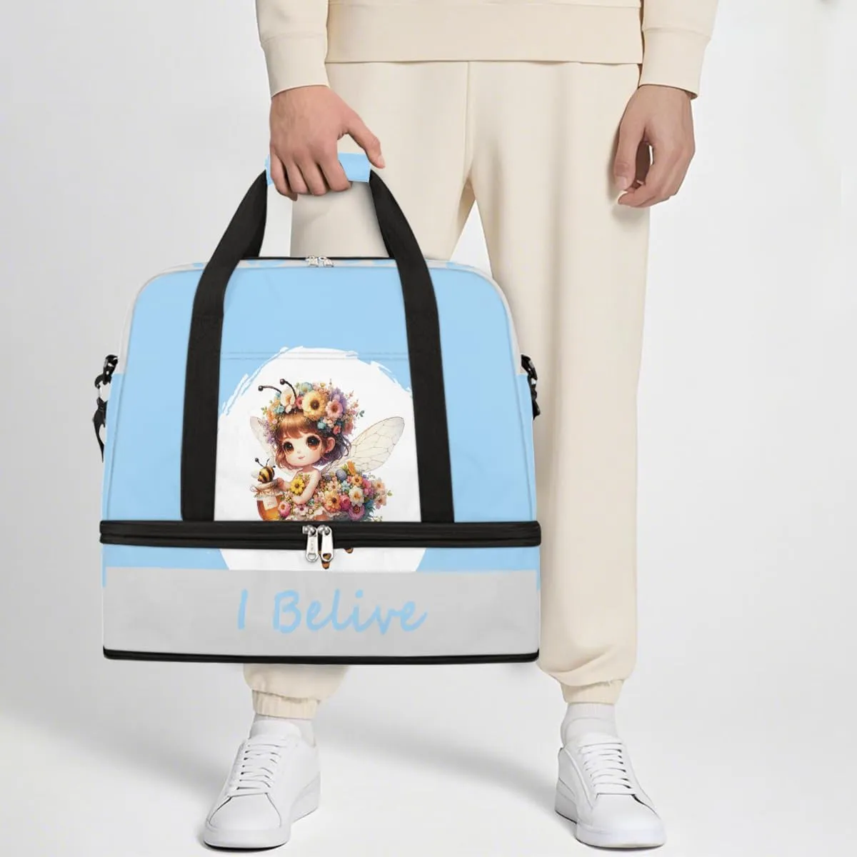 Sports Gym Bag Blue Bee Fairy Large Travel Duffel Bag With Shoe Compartment Foldable Waterproof Carry-On Weekend Travel Bags for Camping Overnight Yoga Hospital Travel Bags