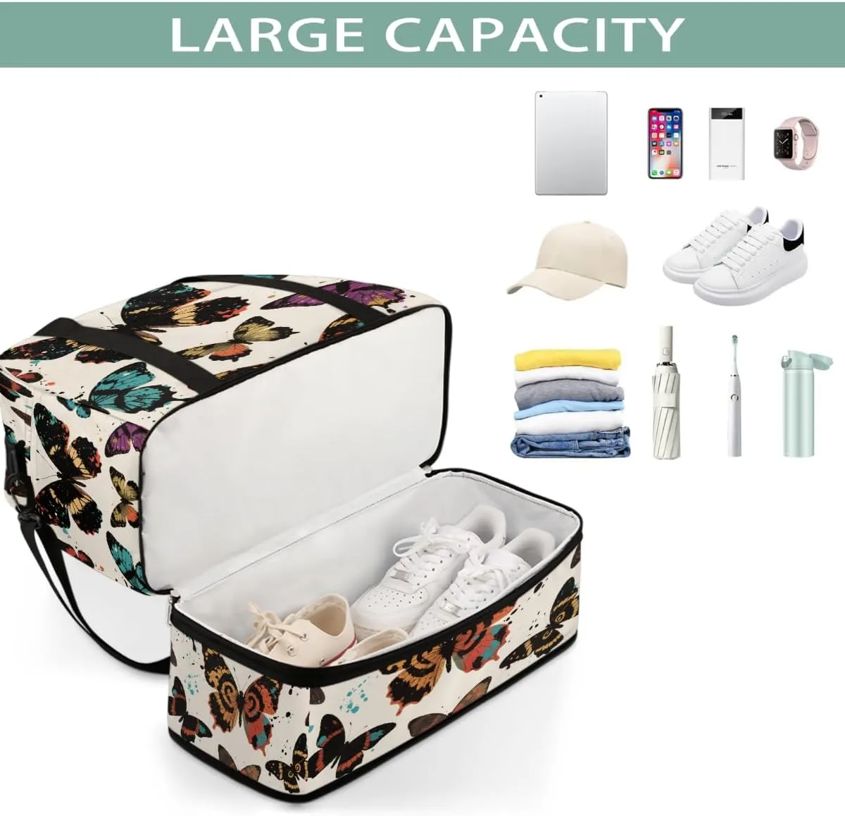 Sports Gym Bag Butterfly Oil Painting Tile Large Travel Duffel Bag With Shoe Compartment Foldable Waterproof Carry-On Weekend Travel Bags for Camping Overnight Yoga Hospital Travel Bags