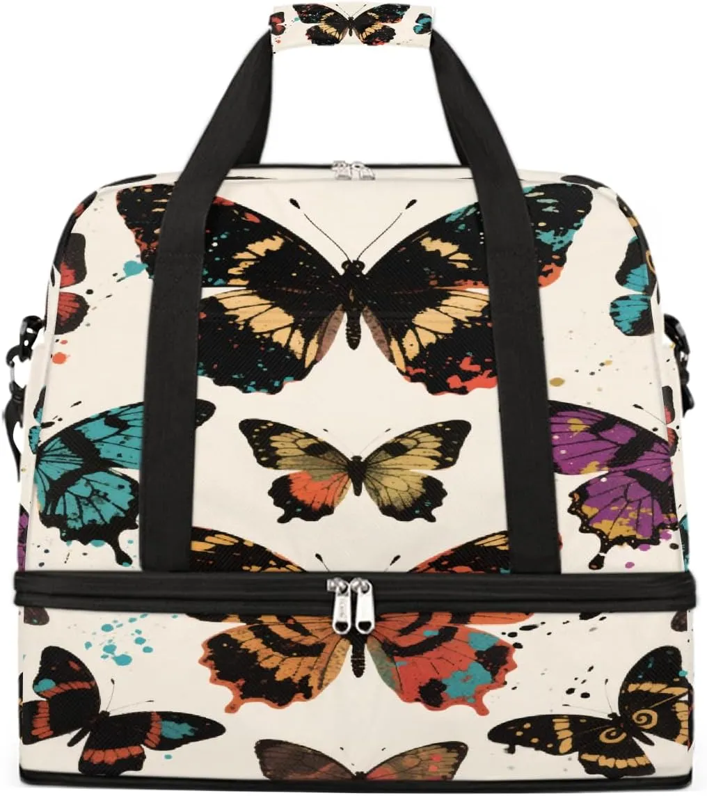 Sports Gym Bag Butterfly Oil Painting Tile Large Travel Duffel Bag With Shoe Compartment Foldable Waterproof Carry-On Weekend Travel Bags for Camping Overnight Yoga Hospital Travel Bags