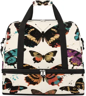 Sports Gym Bag Butterfly Oil Painting Tile Large Travel Duffel Bag With Shoe Compartment Foldable Waterproof Carry-On Weekend Travel Bags for Camping Overnight Yoga Hospital Travel Bags