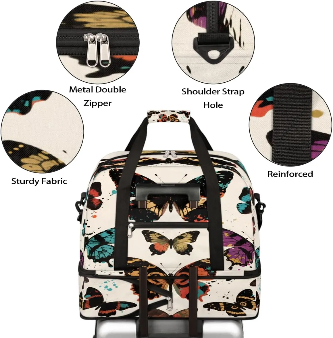 Sports Gym Bag Butterfly Oil Painting Tile Large Travel Duffel Bag With Shoe Compartment Foldable Waterproof Carry-On Weekend Travel Bags for Camping Overnight Yoga Hospital Travel Bags