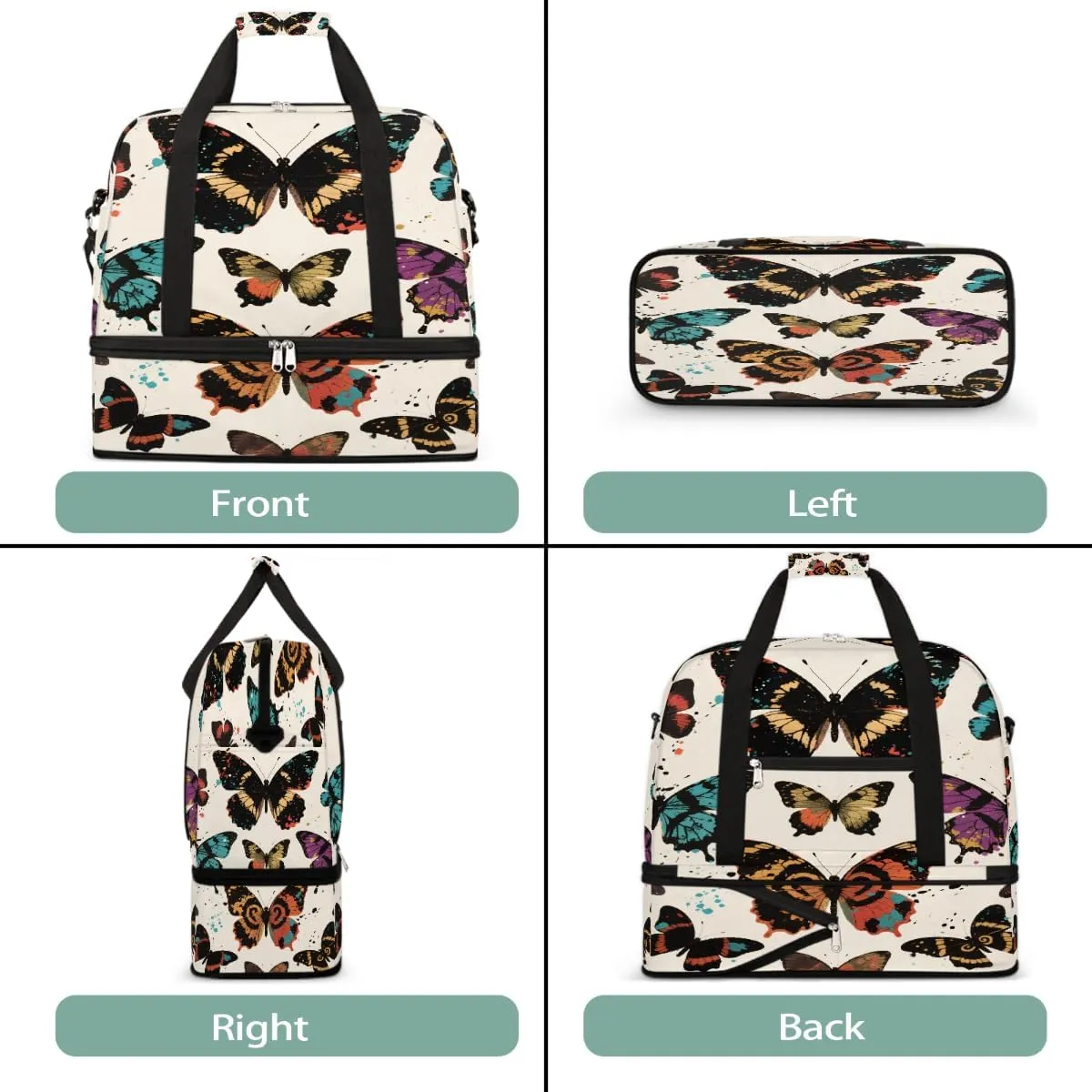 Sports Gym Bag Butterfly Oil Painting Tile Large Travel Duffel Bag With Shoe Compartment Foldable Waterproof Carry-On Weekend Travel Bags for Camping Overnight Yoga Hospital Travel Bags