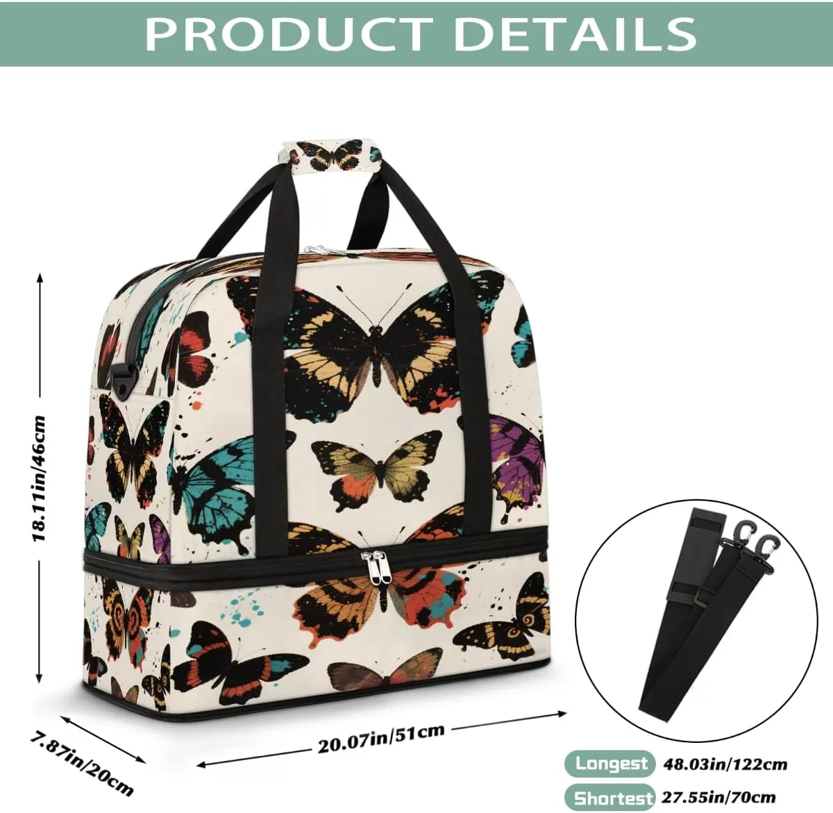 Sports Gym Bag Butterfly Oil Painting Tile Large Travel Duffel Bag With Shoe Compartment Foldable Waterproof Carry-On Weekend Travel Bags for Camping Overnight Yoga Hospital Travel Bags