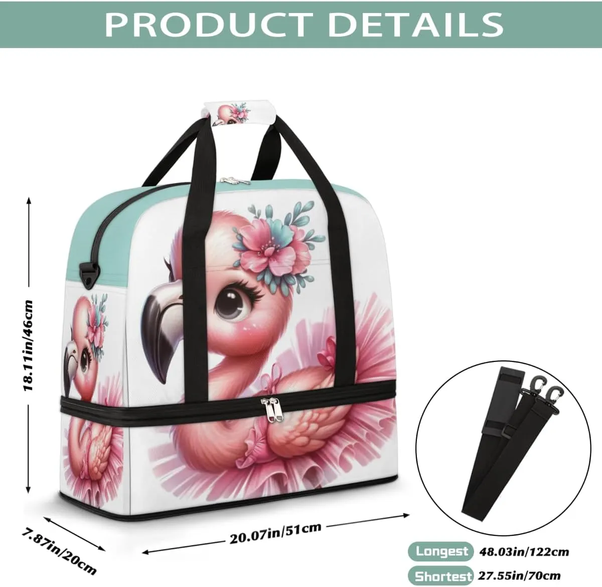 Sports Gym Bag Flamingo Cute Skirt Large Travel Duffel Bag With Shoe Compartment Foldable Waterproof Carry-On Weekend Travel Bags for Camping Overnight Yoga Hospital Travel Bags