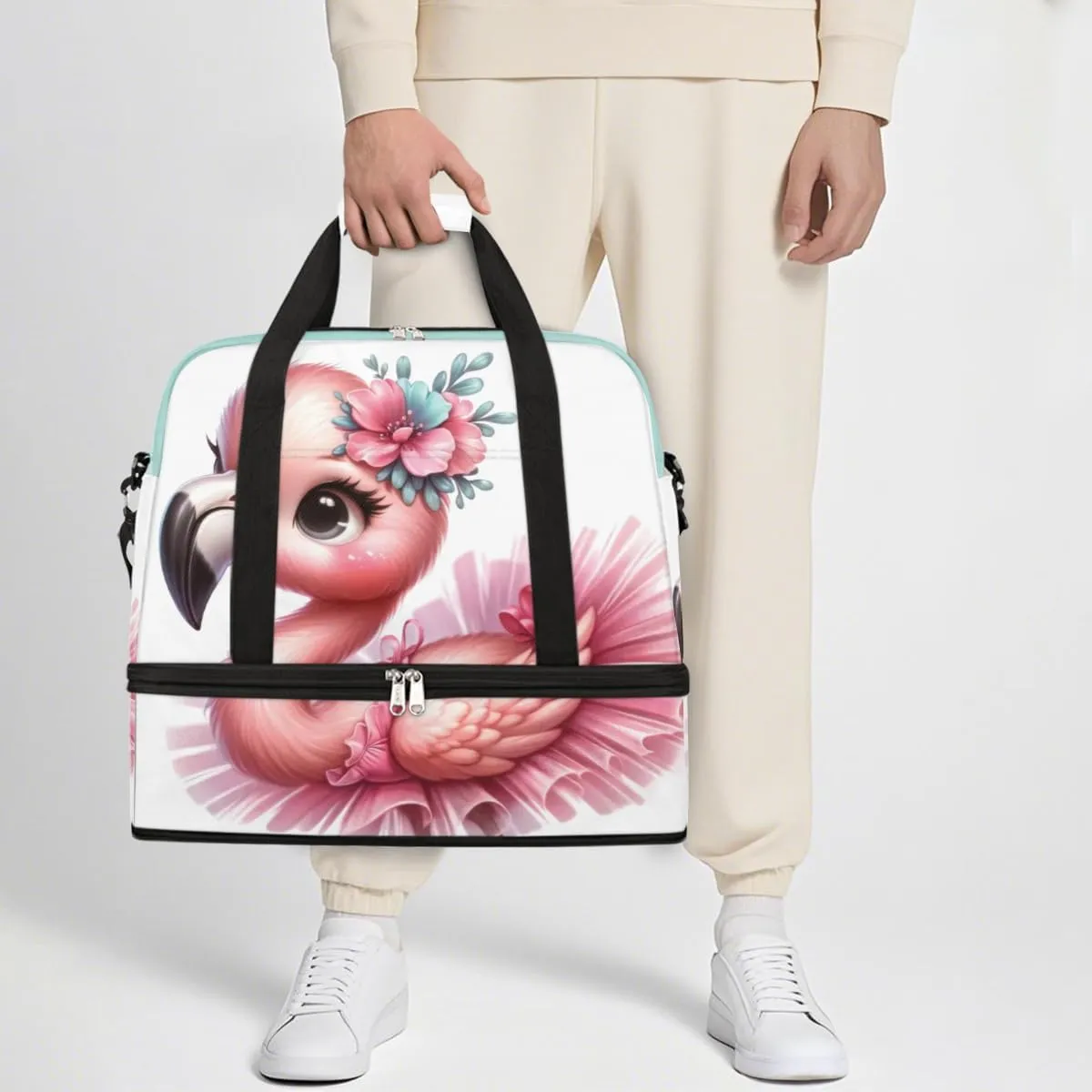 Sports Gym Bag Flamingo Cute Skirt Large Travel Duffel Bag With Shoe Compartment Foldable Waterproof Carry-On Weekend Travel Bags for Camping Overnight Yoga Hospital Travel Bags