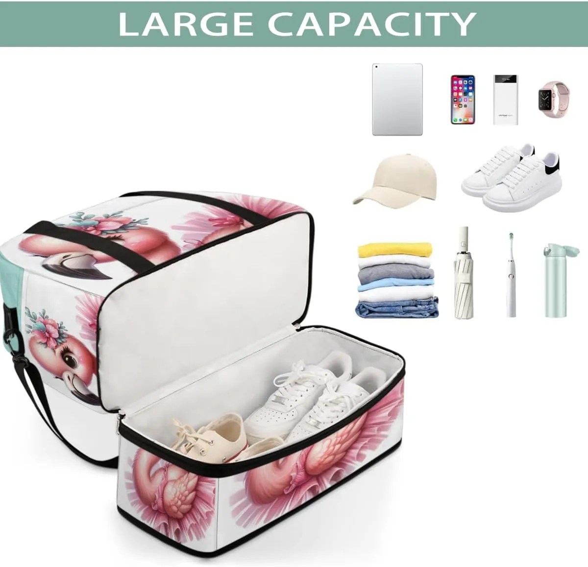 Sports Gym Bag Flamingo Cute Skirt Large Travel Duffel Bag With Shoe Compartment Foldable Waterproof Carry-On Weekend Travel Bags for Camping Overnight Yoga Hospital Travel Bags