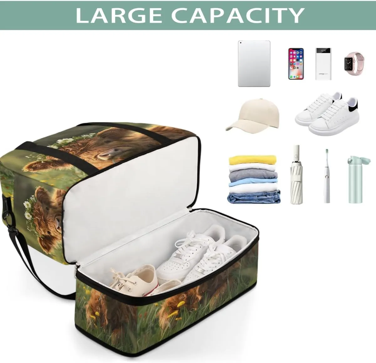 Sports Gym Bag Flowers Landscape Alpine Cattle Large Travel Duffel Bag With Shoe Compartment Foldable Waterproof Carry-On Weekend Travel Bags for Camping Overnight Yoga Hospital Travel Bags
