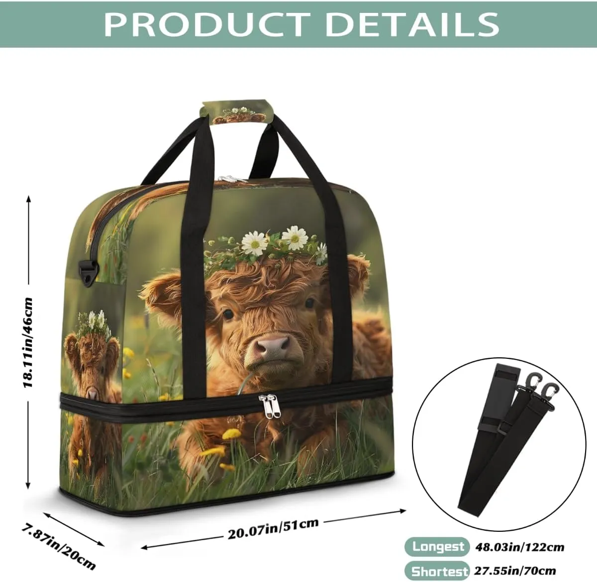 Sports Gym Bag Flowers Landscape Alpine Cattle Large Travel Duffel Bag With Shoe Compartment Foldable Waterproof Carry-On Weekend Travel Bags for Camping Overnight Yoga Hospital Travel Bags