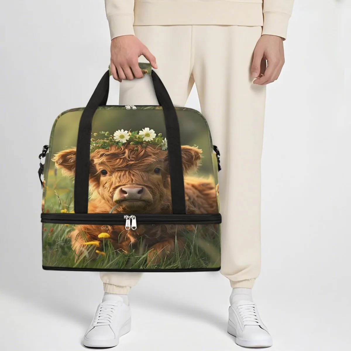 Sports Gym Bag Flowers Landscape Alpine Cattle Large Travel Duffel Bag With Shoe Compartment Foldable Waterproof Carry-On Weekend Travel Bags for Camping Overnight Yoga Hospital Travel Bags