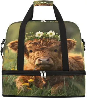 Sports Gym Bag Flowers Landscape Alpine Cattle Large Travel Duffel Bag With Shoe Compartment Foldable Waterproof Carry-On Weekend Travel Bags for Camping Overnight Yoga Hospital Travel Bags
