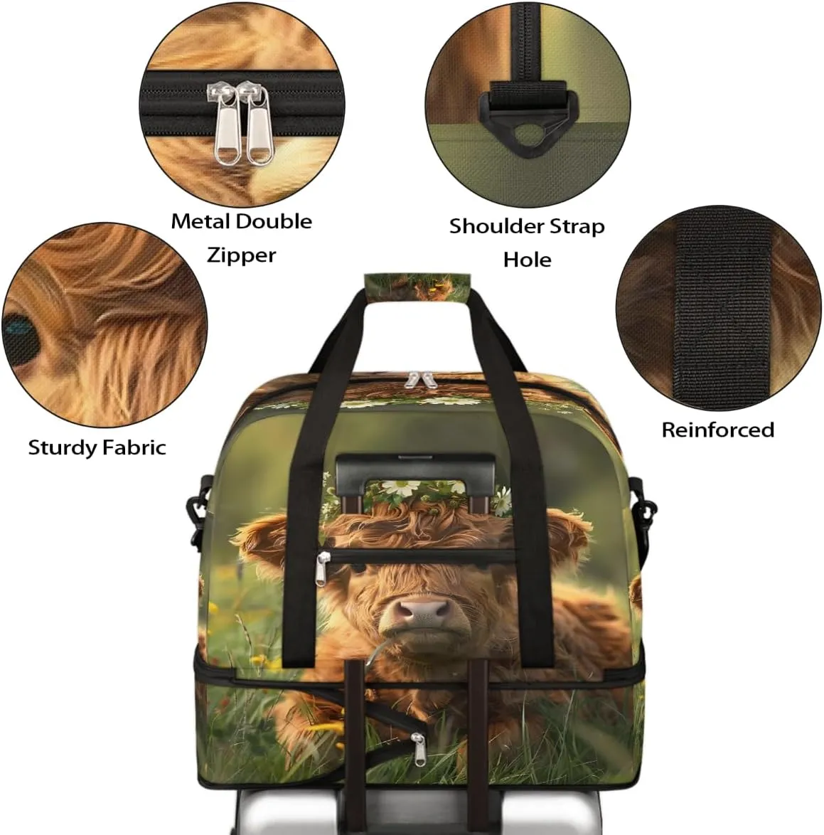 Sports Gym Bag Flowers Landscape Alpine Cattle Large Travel Duffel Bag With Shoe Compartment Foldable Waterproof Carry-On Weekend Travel Bags for Camping Overnight Yoga Hospital Travel Bags