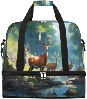 Sports Gym Bag Landscape Deer Forest Large Travel Duffel Bag With Shoe Compartment Foldable Waterproof Carry-On Weekend Travel Bags for Camping Overnight Yoga Hospital Travel Bags