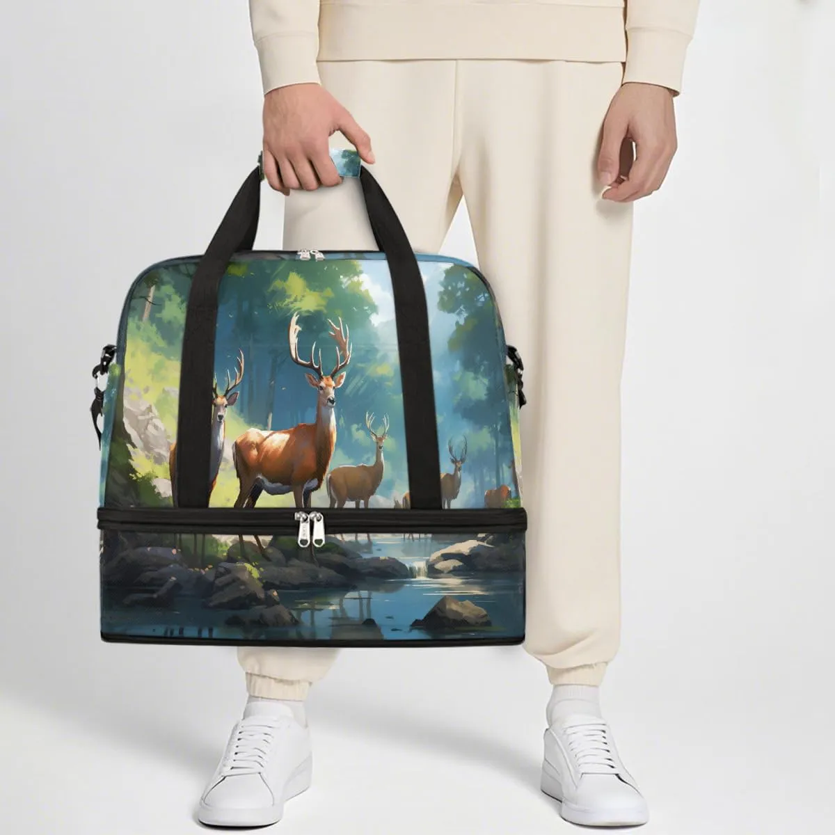 Sports Gym Bag Landscape Deer Forest Large Travel Duffel Bag With Shoe Compartment Foldable Waterproof Carry-On Weekend Travel Bags for Camping Overnight Yoga Hospital Travel Bags