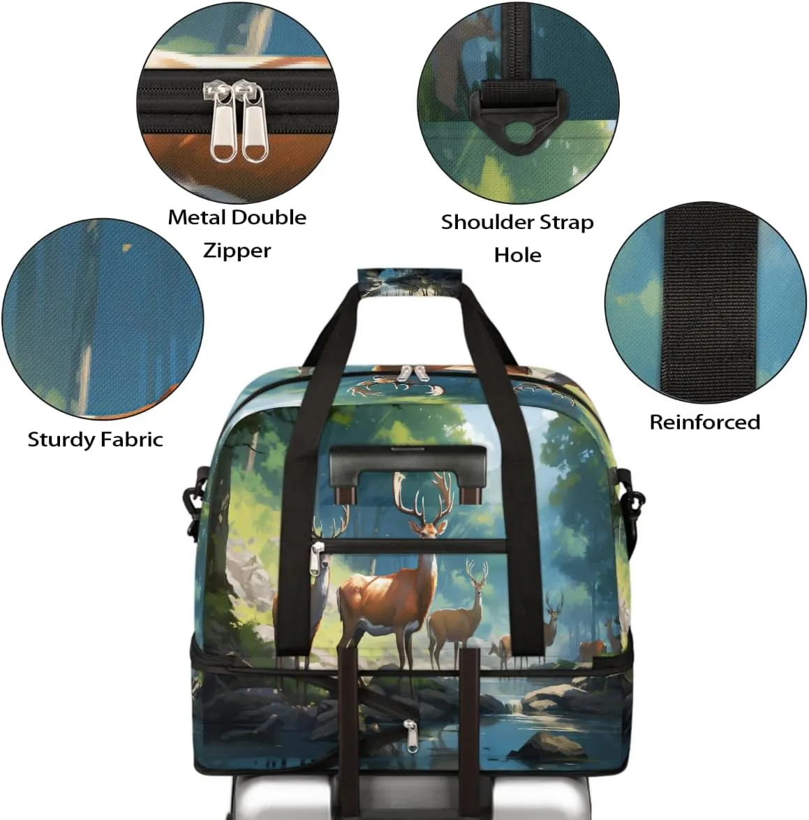 Sports Gym Bag Landscape Deer Forest Large Travel Duffel Bag With Shoe Compartment Foldable Waterproof Carry-On Weekend Travel Bags for Camping Overnight Yoga Hospital Travel Bags