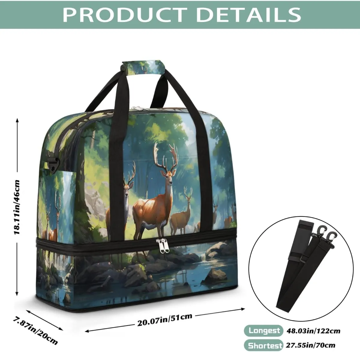 Sports Gym Bag Landscape Deer Forest Large Travel Duffel Bag With Shoe Compartment Foldable Waterproof Carry-On Weekend Travel Bags for Camping Overnight Yoga Hospital Travel Bags