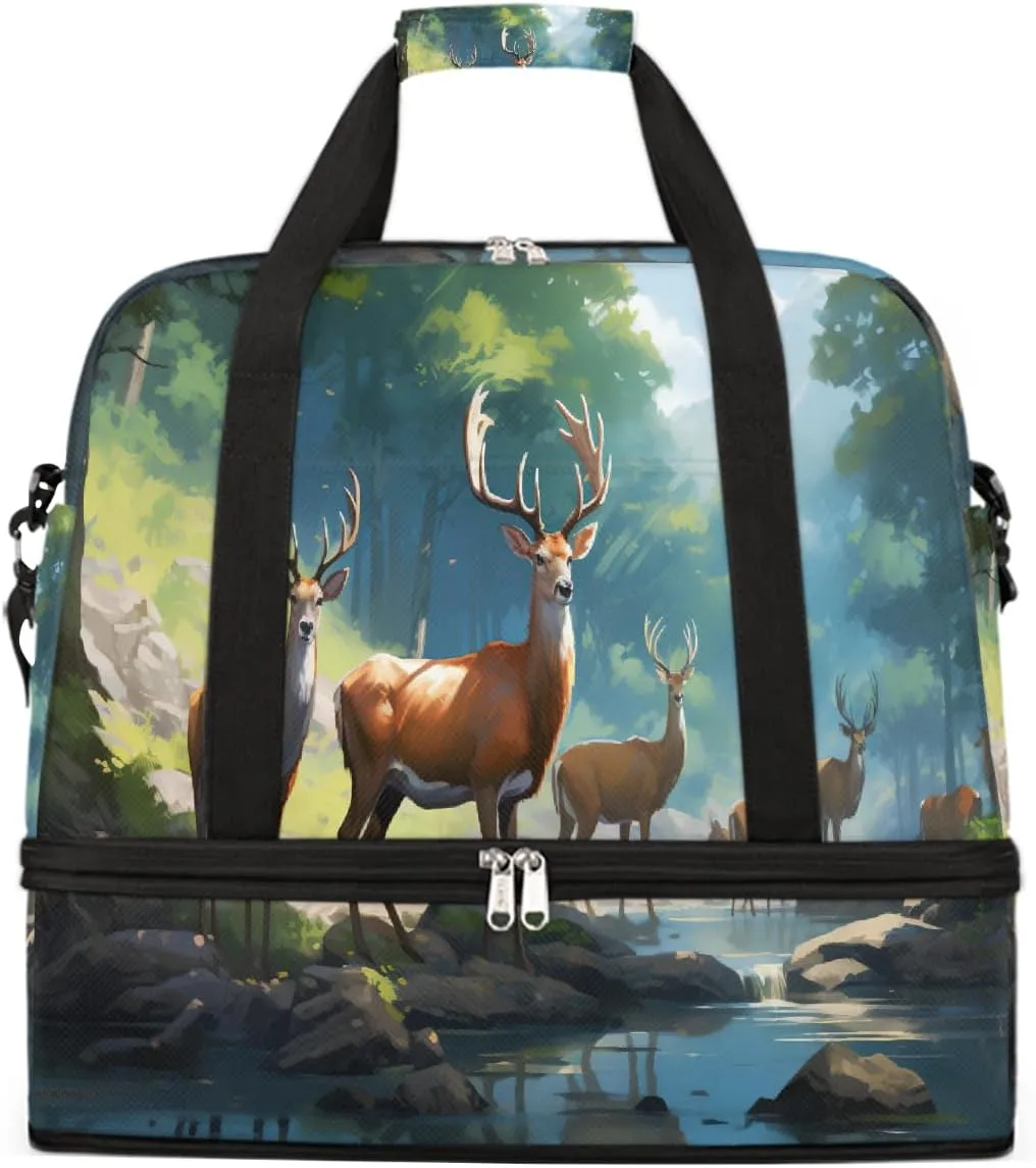 Sports Gym Bag Landscape Deer Forest Large Travel Duffel Bag With Shoe Compartment Foldable Waterproof Carry-On Weekend Travel Bags for Camping Overnight Yoga Hospital Travel Bags
