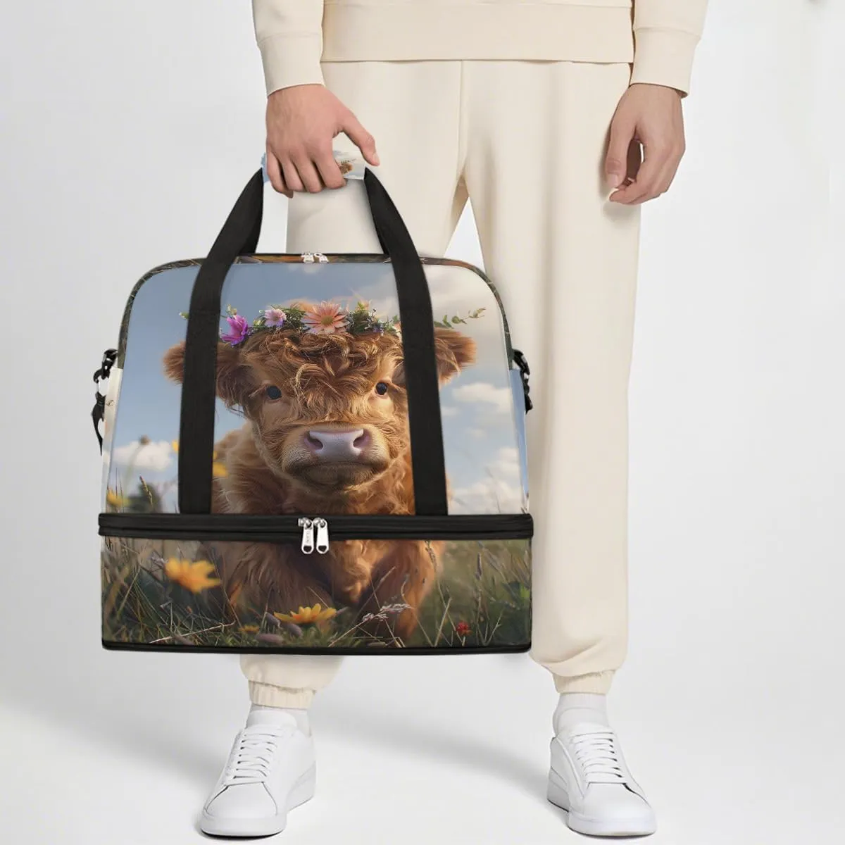 Sports Gym Bag Landscape Flowers Alpine Cattle Large Travel Duffel Bag With Shoe Compartment Foldable Waterproof Carry-On Weekend Travel Bags for Camping Overnight Yoga Hospital Travel Bags