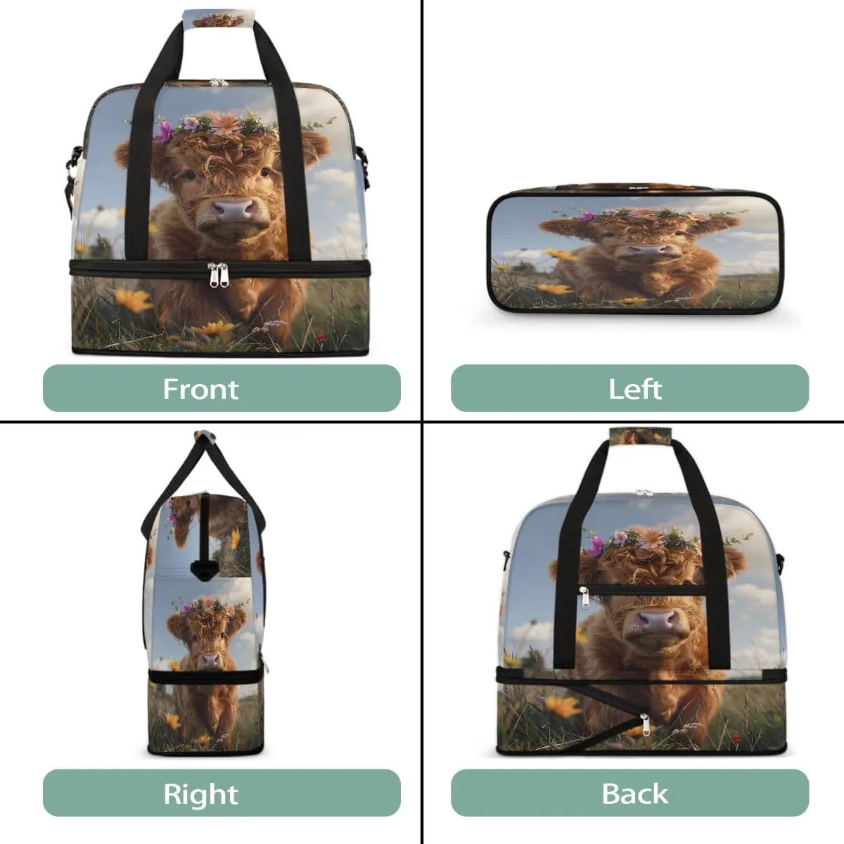 Sports Gym Bag Landscape Flowers Alpine Cattle Large Travel Duffel Bag With Shoe Compartment Foldable Waterproof Carry-On Weekend Travel Bags for Camping Overnight Yoga Hospital Travel Bags