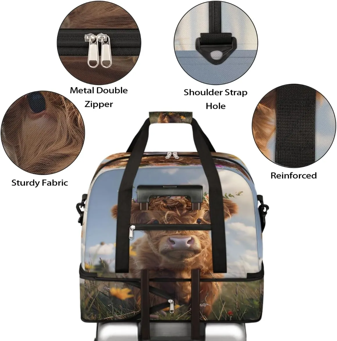 Sports Gym Bag Landscape Flowers Alpine Cattle Large Travel Duffel Bag With Shoe Compartment Foldable Waterproof Carry-On Weekend Travel Bags for Camping Overnight Yoga Hospital Travel Bags