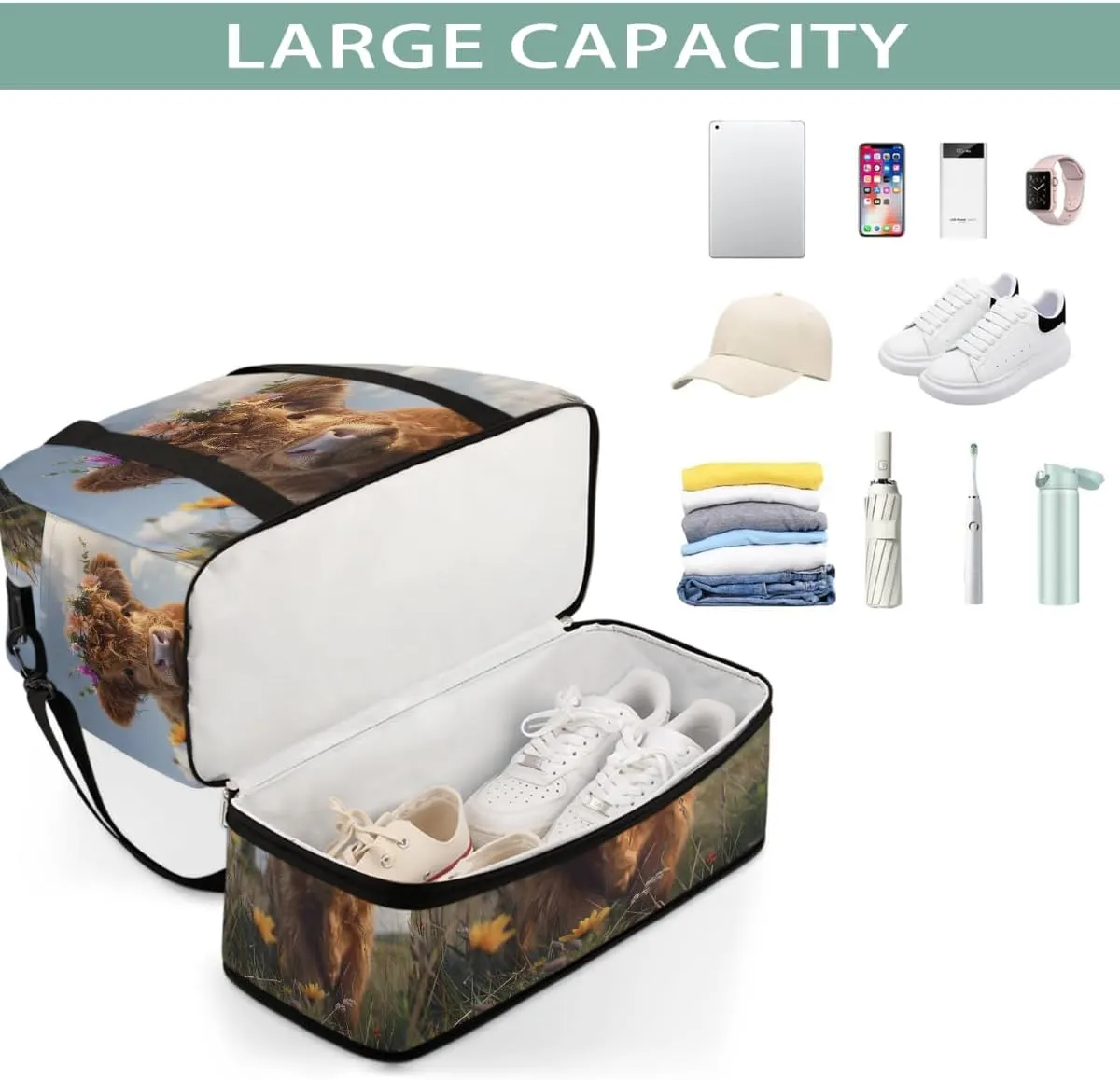 Sports Gym Bag Landscape Flowers Alpine Cattle Large Travel Duffel Bag With Shoe Compartment Foldable Waterproof Carry-On Weekend Travel Bags for Camping Overnight Yoga Hospital Travel Bags