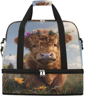 Sports Gym Bag Landscape Flowers Alpine Cattle Large Travel Duffel Bag With Shoe Compartment Foldable Waterproof Carry-On Weekend Travel Bags for Camping Overnight Yoga Hospital Travel Bags