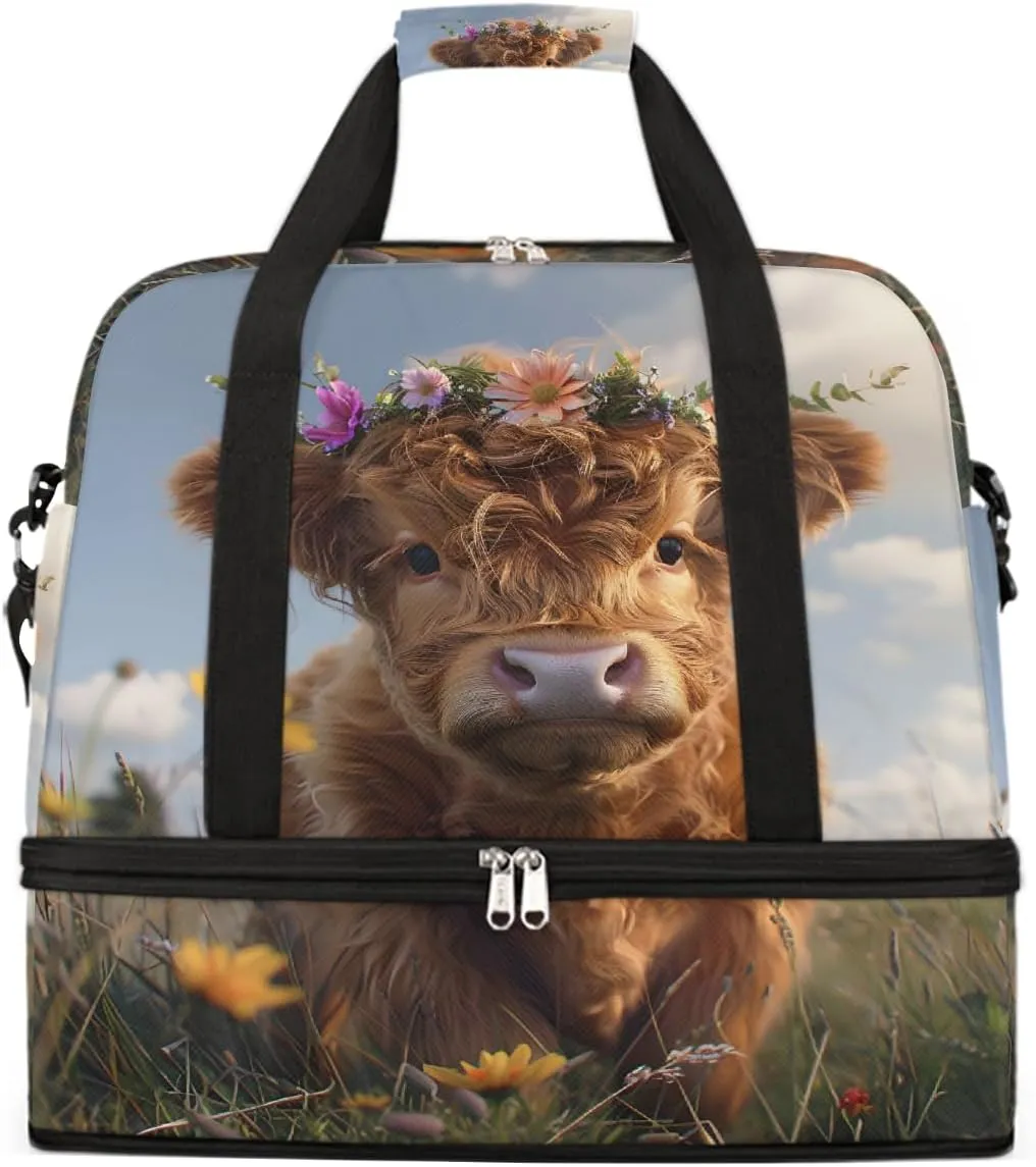 Sports Gym Bag Landscape Flowers Alpine Cattle Large Travel Duffel Bag With Shoe Compartment Foldable Waterproof Carry-On Weekend Travel Bags for Camping Overnight Yoga Hospital Travel Bags