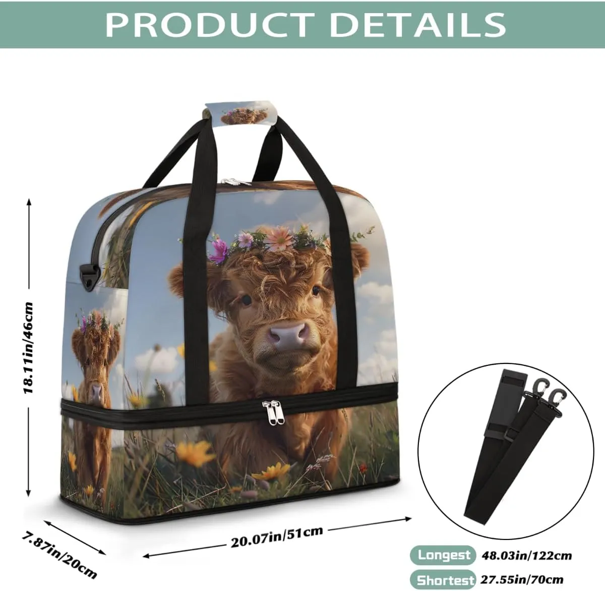 Sports Gym Bag Landscape Flowers Alpine Cattle Large Travel Duffel Bag With Shoe Compartment Foldable Waterproof Carry-On Weekend Travel Bags for Camping Overnight Yoga Hospital Travel Bags