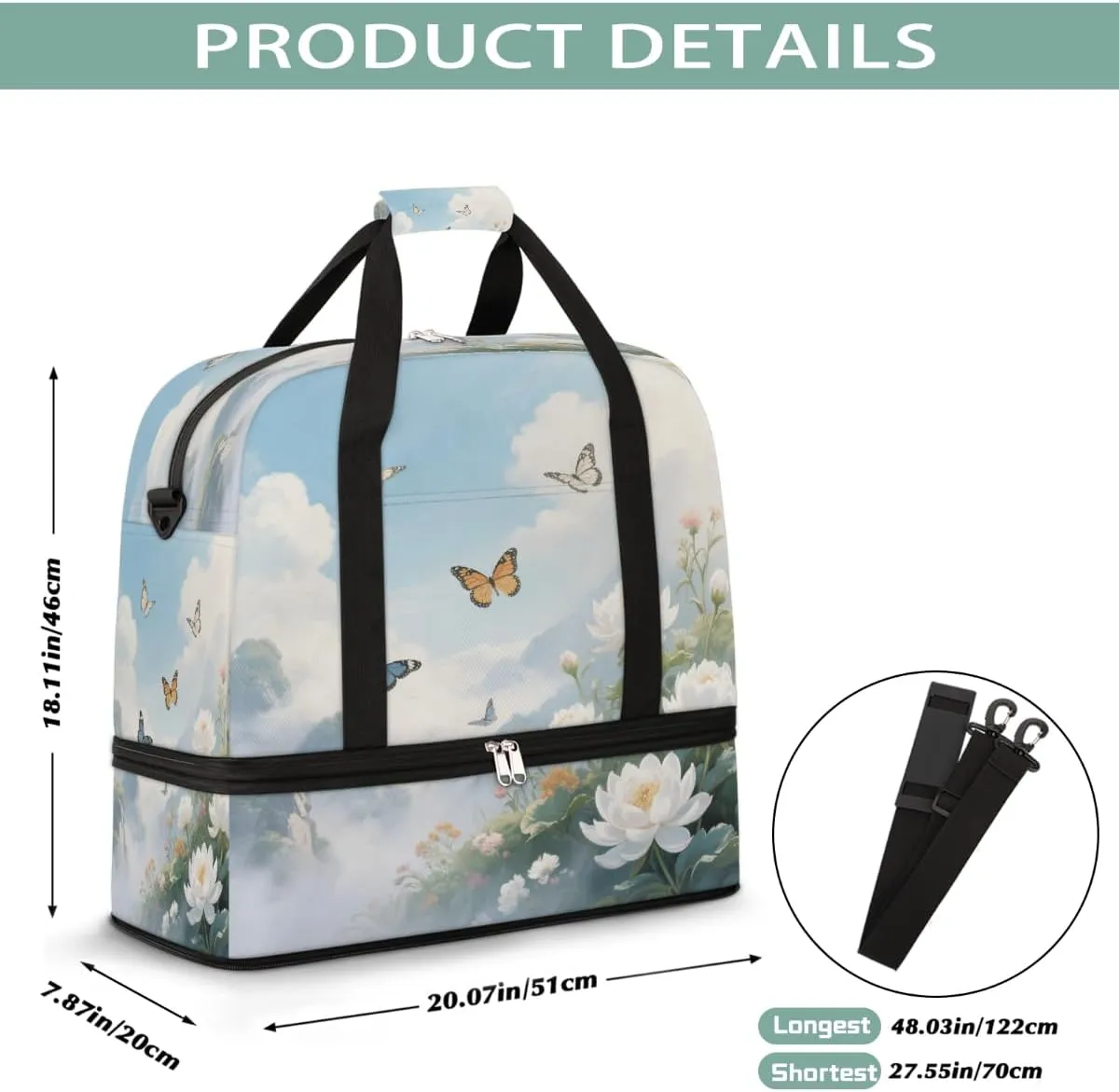 Sports Gym Bag Retro Butterfly Landscape Large Travel Duffel Bag With Shoe Compartment Foldable Waterproof Carry-On Weekend Travel Bags for Camping Overnight Yoga Hospital Travel Bags