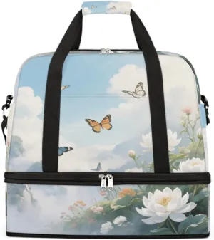 Sports Gym Bag Retro Butterfly Landscape Large Travel Duffel Bag With Shoe Compartment Foldable Waterproof Carry-On Weekend Travel Bags for Camping Overnight Yoga Hospital Travel Bags