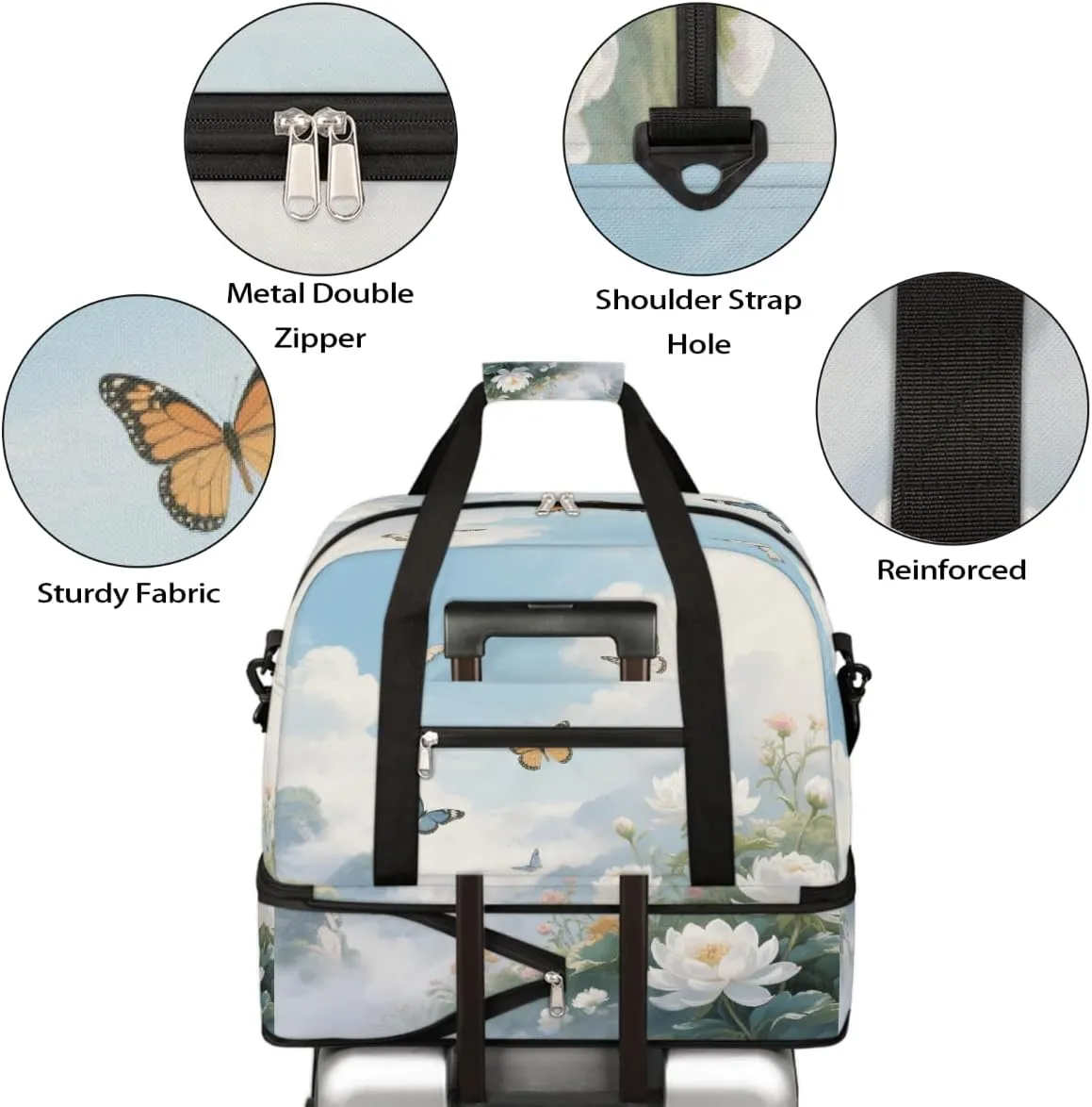 Sports Gym Bag Retro Butterfly Landscape Large Travel Duffel Bag With Shoe Compartment Foldable Waterproof Carry-On Weekend Travel Bags for Camping Overnight Yoga Hospital Travel Bags