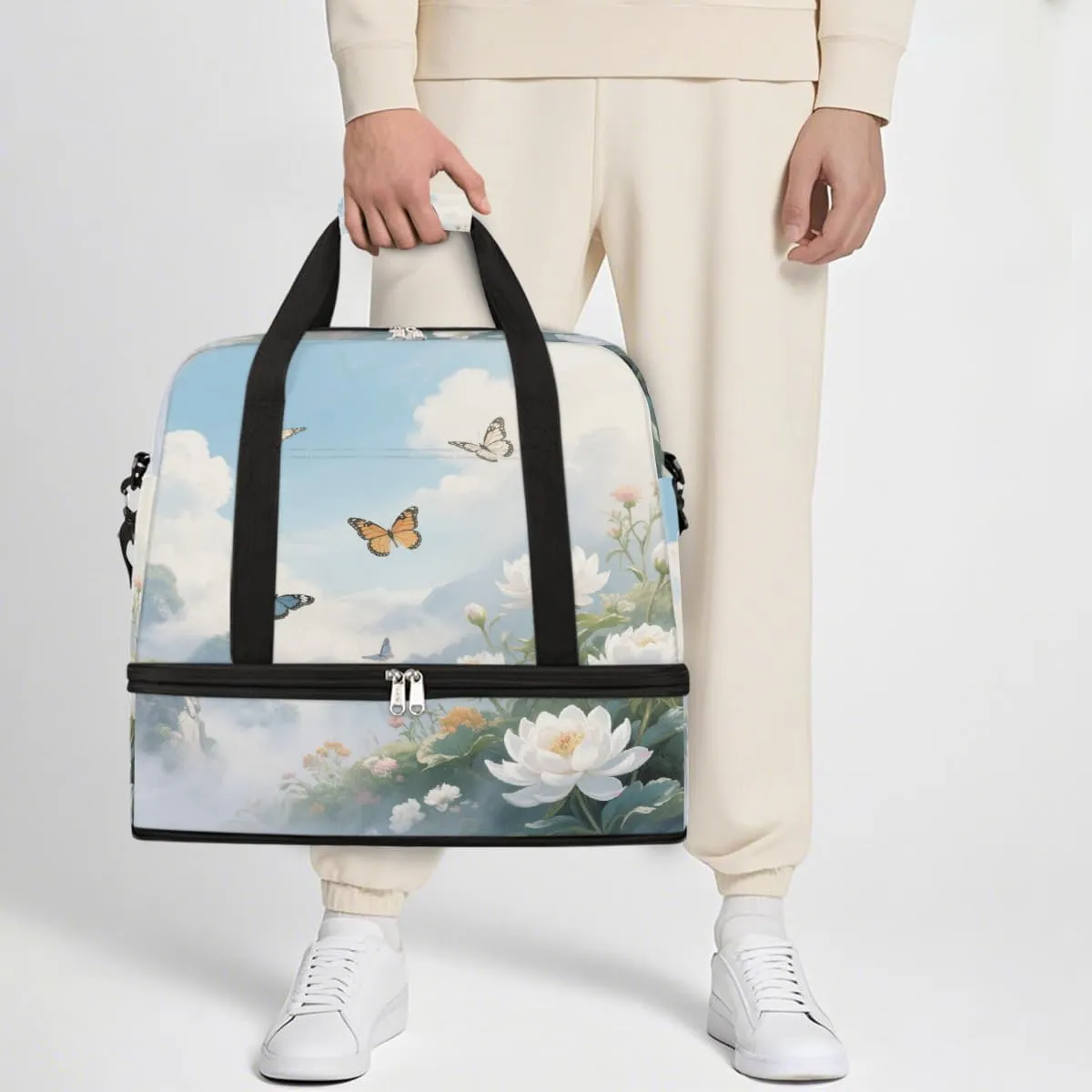 Sports Gym Bag Retro Butterfly Landscape Large Travel Duffel Bag With Shoe Compartment Foldable Waterproof Carry-On Weekend Travel Bags for Camping Overnight Yoga Hospital Travel Bags