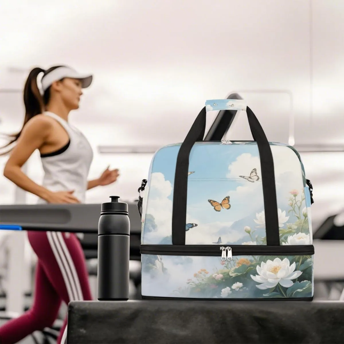 Sports Gym Bag Retro Butterfly Landscape Large Travel Duffel Bag With Shoe Compartment Foldable Waterproof Carry-On Weekend Travel Bags for Camping Overnight Yoga Hospital Travel Bags
