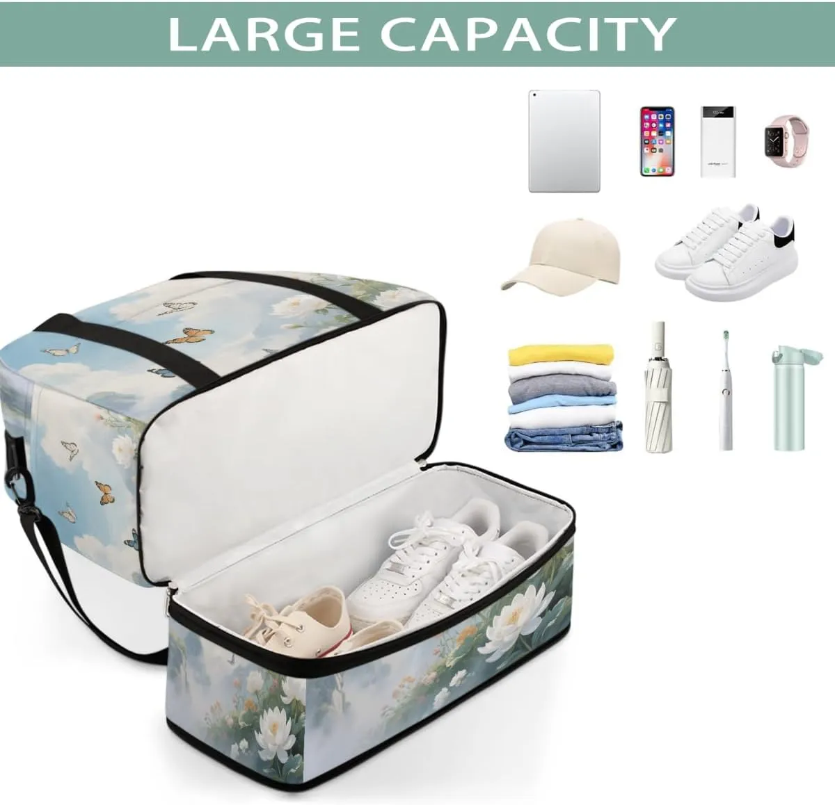 Sports Gym Bag Retro Butterfly Landscape Large Travel Duffel Bag With Shoe Compartment Foldable Waterproof Carry-On Weekend Travel Bags for Camping Overnight Yoga Hospital Travel Bags