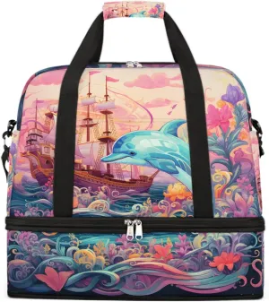Sports Gym Bag Sea Ship Dolphin Large Travel Duffel Bag With Shoe Compartment Foldable Waterproof Carry-On Weekend Travel Bags for Camping Overnight Yoga Hospital Travel Bags
