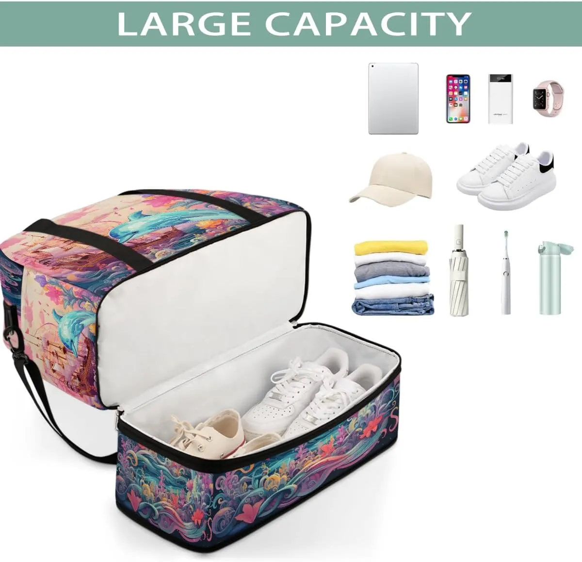 Sports Gym Bag Sea Ship Dolphin Large Travel Duffel Bag With Shoe Compartment Foldable Waterproof Carry-On Weekend Travel Bags for Camping Overnight Yoga Hospital Travel Bags