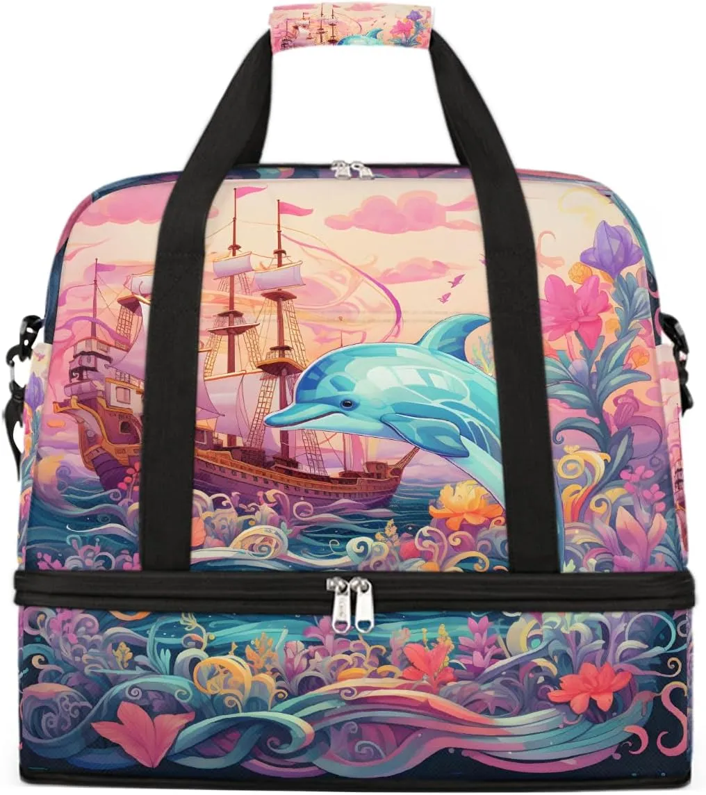 Sports Gym Bag Sea Ship Dolphin Large Travel Duffel Bag With Shoe Compartment Foldable Waterproof Carry-On Weekend Travel Bags for Camping Overnight Yoga Hospital Travel Bags