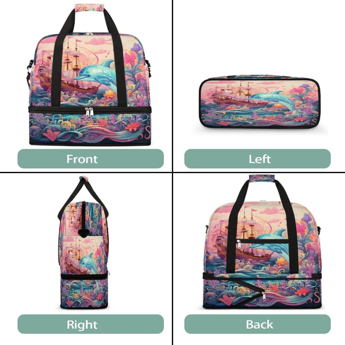 Sports Gym Bag Sea Ship Dolphin Large Travel Duffel Bag With Shoe Compartment Foldable Waterproof Carry-On Weekend Travel Bags for Camping Overnight Yoga Hospital Travel Bags