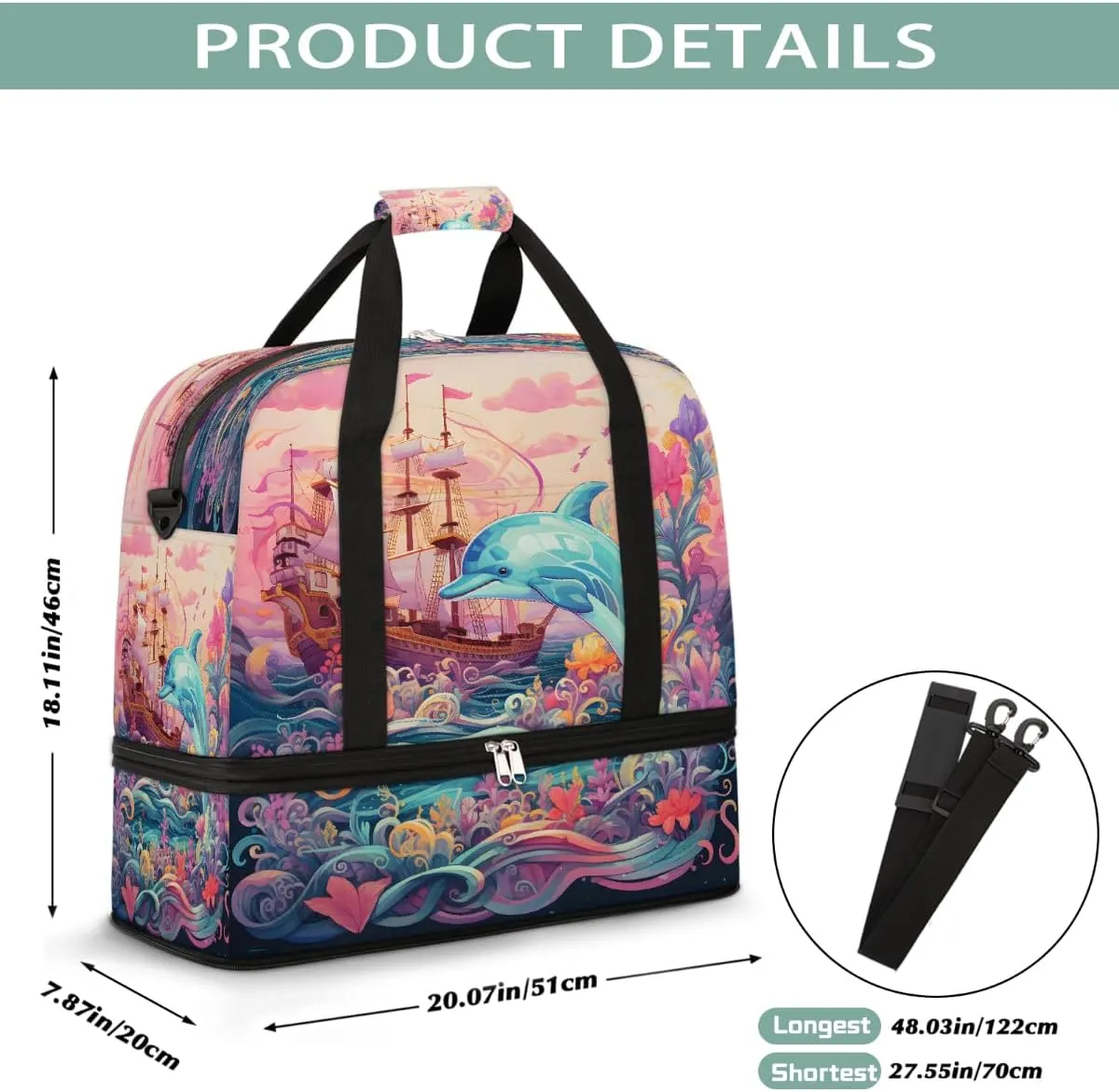 Sports Gym Bag Sea Ship Dolphin Large Travel Duffel Bag With Shoe Compartment Foldable Waterproof Carry-On Weekend Travel Bags for Camping Overnight Yoga Hospital Travel Bags