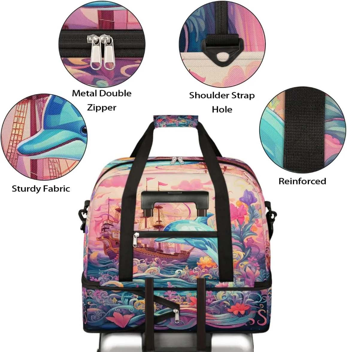 Sports Gym Bag Sea Ship Dolphin Large Travel Duffel Bag With Shoe Compartment Foldable Waterproof Carry-On Weekend Travel Bags for Camping Overnight Yoga Hospital Travel Bags