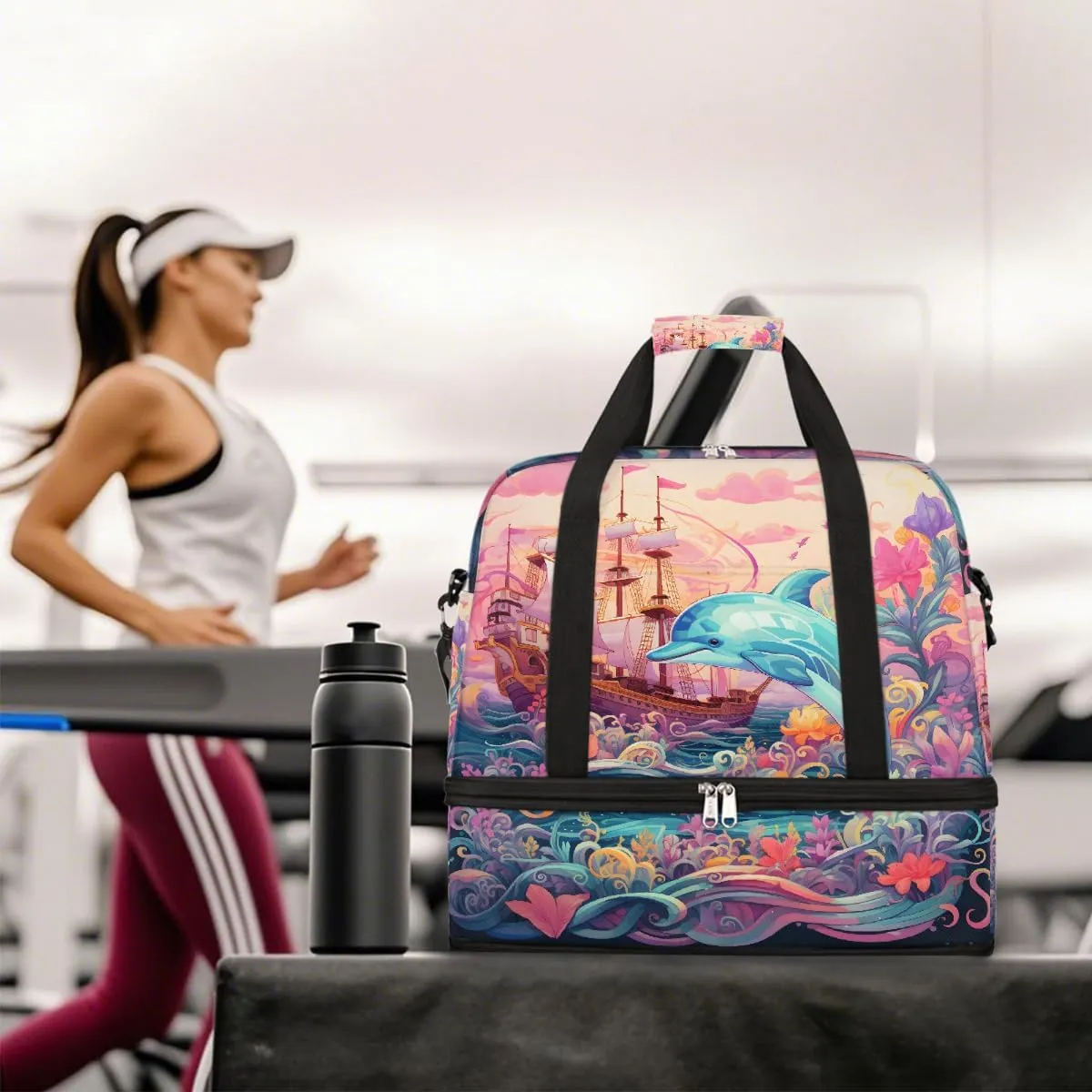 Sports Gym Bag Sea Ship Dolphin Large Travel Duffel Bag With Shoe Compartment Foldable Waterproof Carry-On Weekend Travel Bags for Camping Overnight Yoga Hospital Travel Bags