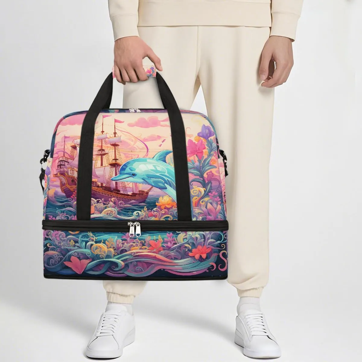 Sports Gym Bag Sea Ship Dolphin Large Travel Duffel Bag With Shoe Compartment Foldable Waterproof Carry-On Weekend Travel Bags for Camping Overnight Yoga Hospital Travel Bags