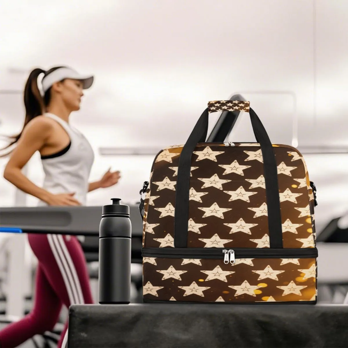 Sports Gym Bag Tile Stars Gold Large Travel Duffel Bag With Shoe Compartment Foldable Waterproof Carry-On Weekend Travel Bags for Camping Overnight Yoga Hospital Travel Bags