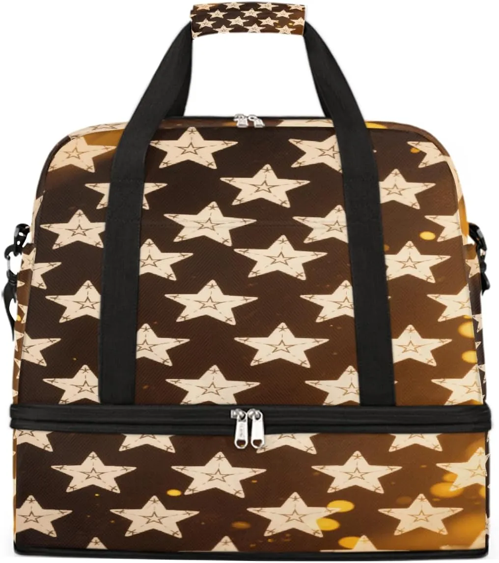 Sports Gym Bag Tile Stars Gold Large Travel Duffel Bag With Shoe Compartment Foldable Waterproof Carry-On Weekend Travel Bags for Camping Overnight Yoga Hospital Travel Bags