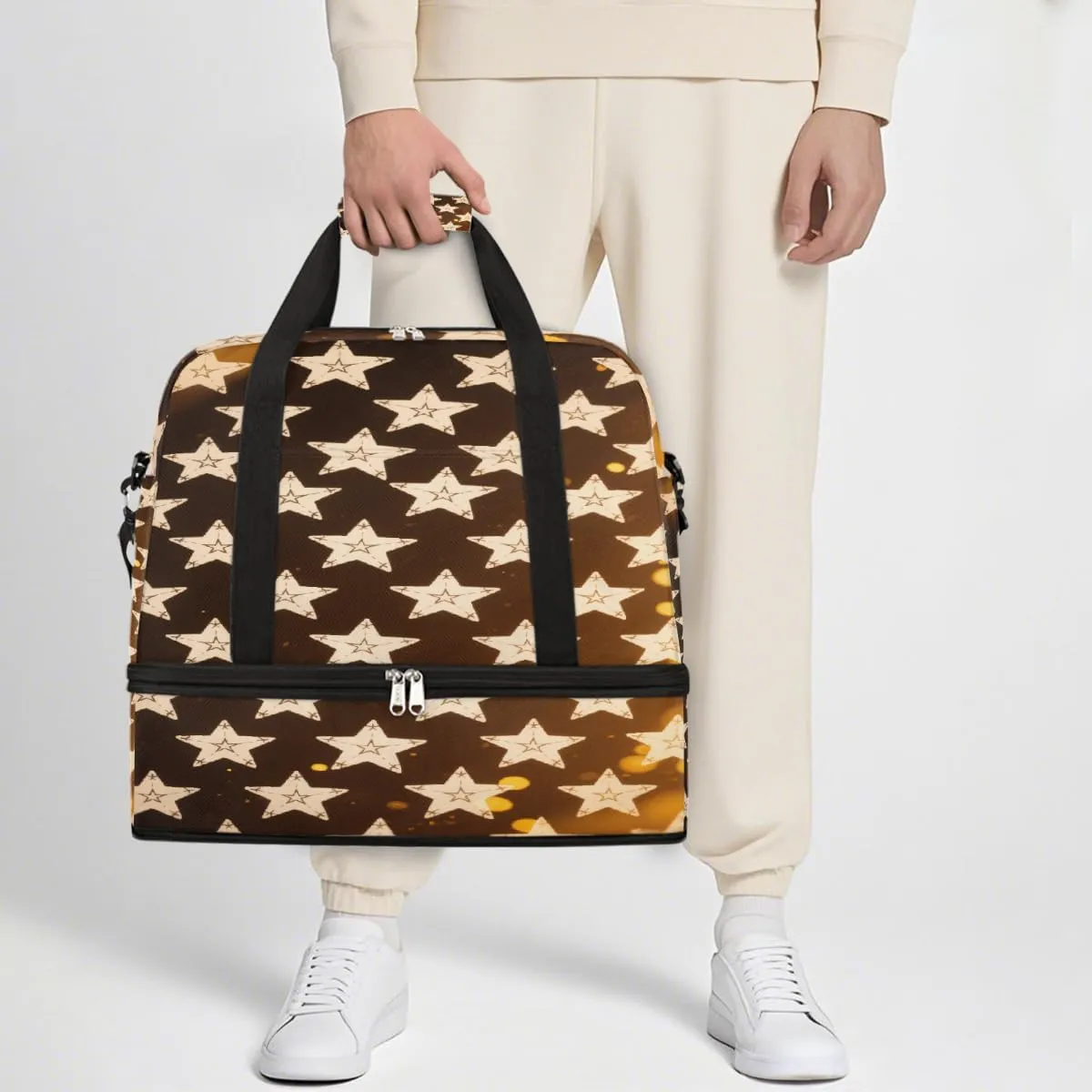 Sports Gym Bag Tile Stars Gold Large Travel Duffel Bag With Shoe Compartment Foldable Waterproof Carry-On Weekend Travel Bags for Camping Overnight Yoga Hospital Travel Bags