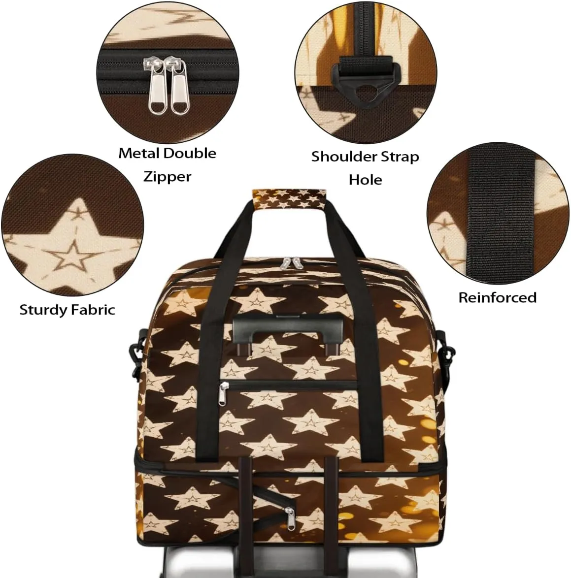 Sports Gym Bag Tile Stars Gold Large Travel Duffel Bag With Shoe Compartment Foldable Waterproof Carry-On Weekend Travel Bags for Camping Overnight Yoga Hospital Travel Bags