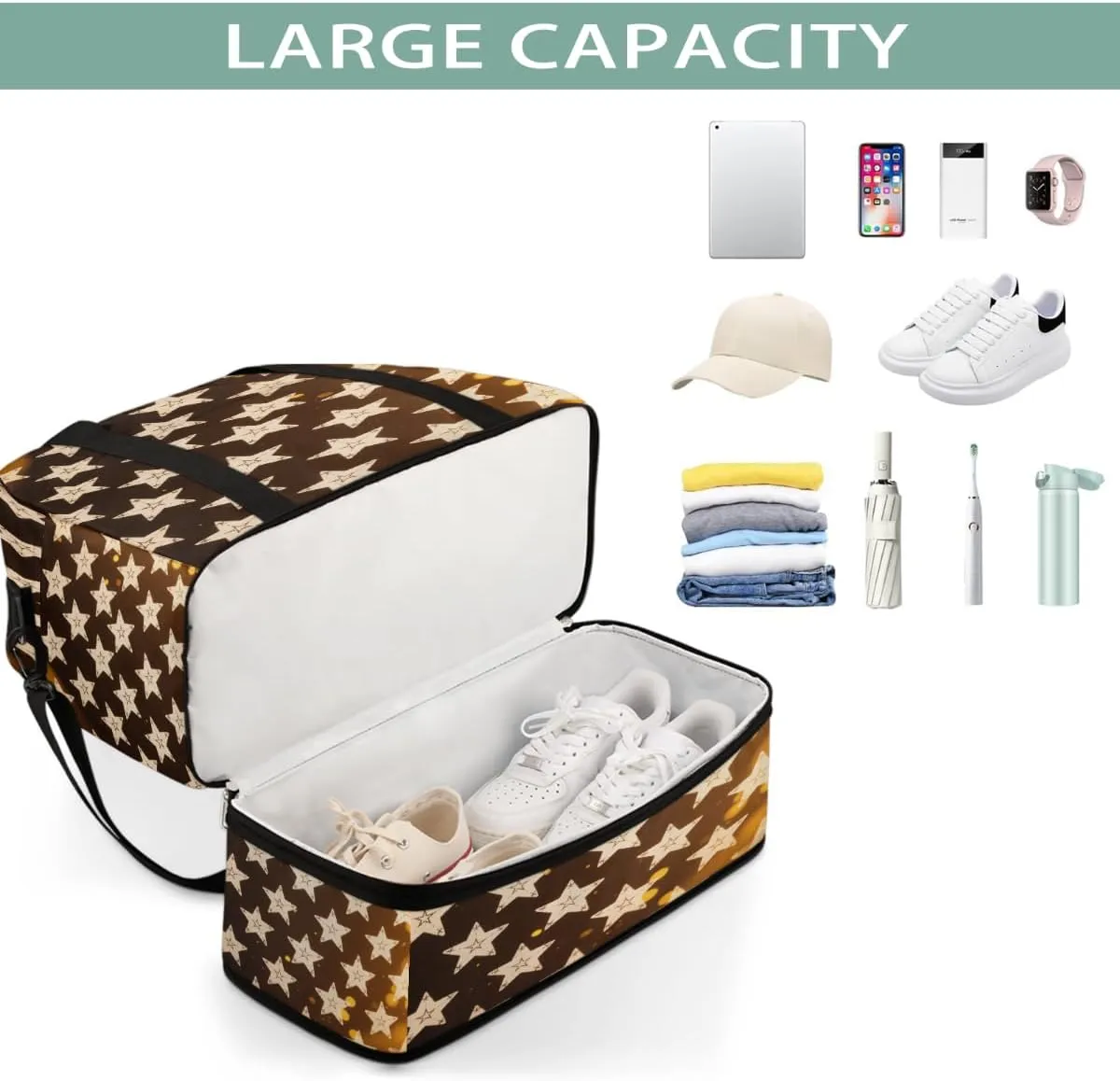 Sports Gym Bag Tile Stars Gold Large Travel Duffel Bag With Shoe Compartment Foldable Waterproof Carry-On Weekend Travel Bags for Camping Overnight Yoga Hospital Travel Bags